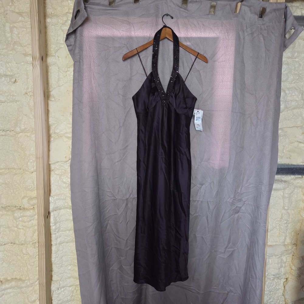 Anne Klein Dress Womens 10 Purple Sleeveless Halter Beaded Satin Slip Midi